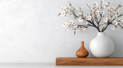 Beautiful arrangement of white blossoms in elegant vases on a minimalist wooden shelf, showcasing artistic and modern decor