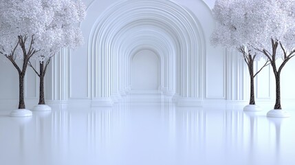 Stunning white architectural photo zone with elegant arches and artificial trees creating a serene atmosphere