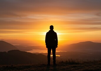 Person enjoying sunset view over mountains and lake in serene landscape
