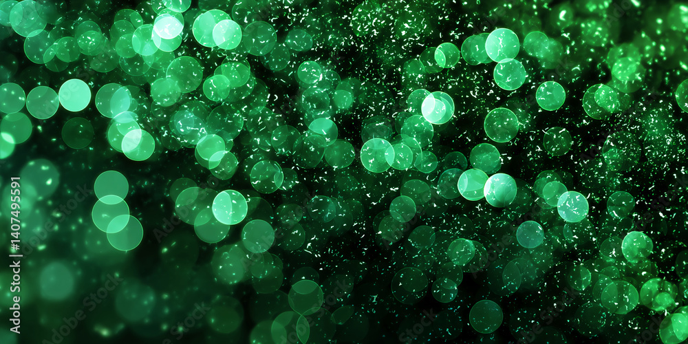 Poster Abstract green bokeh background with blurry circular lights and subtle texture, suggesting a festive or celebratory mood, ideal for design projects