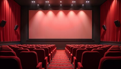 Empty cinema hall with red velvet seats and large screen ready for the movie
