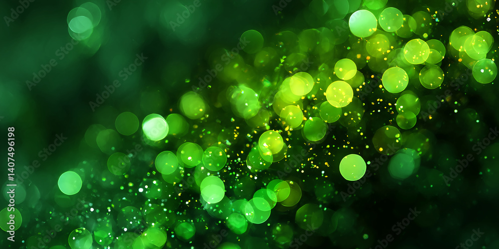 Poster Abstract green bokeh background with bright circles and sparkles, creating a festive and vibrant atmosphere, ideal for celebratory designs or digital art