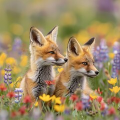Playful Foxes Frolicking in the Springtime Meadow, Surrounded by Blossoms and Fresh Greenery