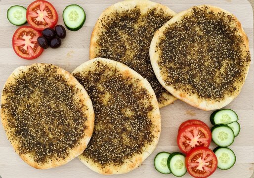 Lebanese Manoushe with Zaatar served for breakfast at a local cafe in Beirut