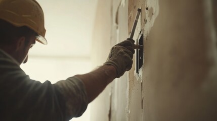 Construction worker drilling holes for electrical outlets. Featuring precision and focus