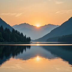 Fototapeta premium Sunrise Mountain Lake Landscape Photo
