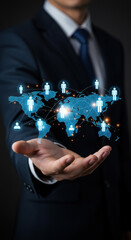 Global Connections: Man Holding World Map of Networks & People. Business, Technology, Collaboration, Expansion, and International Reach Concept