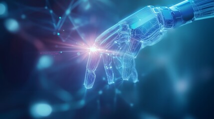 Robotic hand reaching out to a glowing point of light in a futuristic digital environment