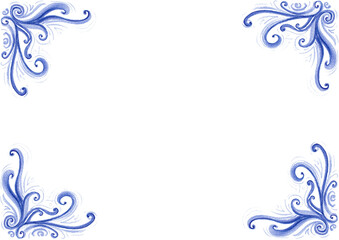 Frame of decorative patterns in each corner. Patterns consist of various curls, lines. Drawing with colored pencils. Blue color. White copy space. Wedding invitation, postcard, certificate. Elegant.