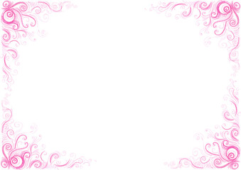 Frame. From the left and right sides there are patterns consisting of curls, thin delicate lines. Different shades of light pink. Drawing with colored pencils. White copy space. Elegant and delicate.