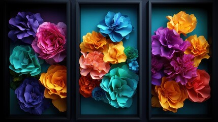 Colorful paper flowers in framed display