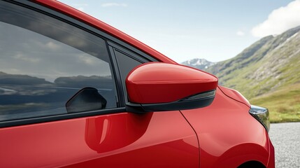 Fototapeta premium Red car mirror, mountain road, travel ad
