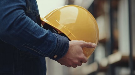 Construction worker adjusting safety helmet before work. Featuring attention to safety and preparation