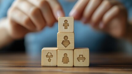 Close-up of wooden blocks with diverse profession icons on table