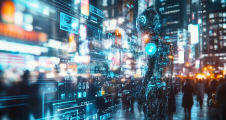 Obraz premium A synthetic robot stands in a bustling, illuminated cityscape, surrounded by vibrant digital displays.