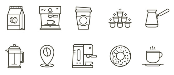 Cofee break set icon. Coffee, drink, plant, tea bag, grains, mug, cocktail, americano, cappuccino, etc. Beverage concept. Neomorphism style. Vector line icon for Business and Advertising
