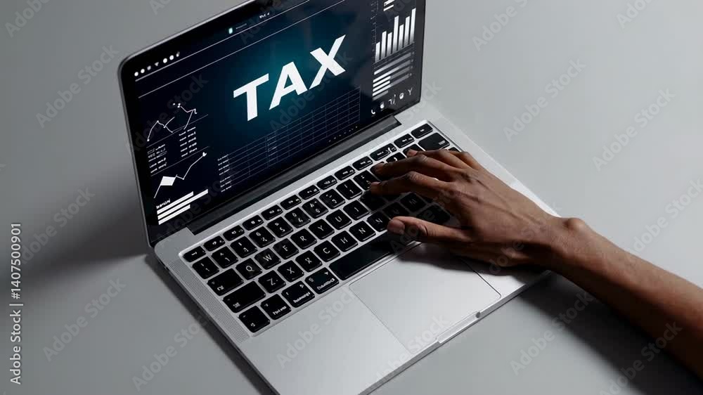 Poster accountant is using a laptop to calculate taxes, with the word tax prominently displayed on the scre