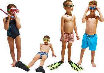 Boys and girls, little children ready for swim, pose together in swimwear and diving equipment...