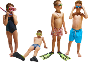 Boys and girls, little children ready for swim, pose together in swimwear and diving equipment against transparent background. Concept of hot summer holidays, vacation, camps, recreation.