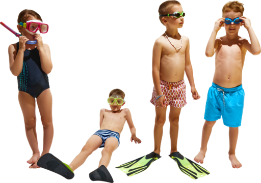 Boys and girls, little children ready for swim, pose together in swimwear and diving equipment against transparent background. Concept of hot summer holidays, vacation, camps, recreation.
