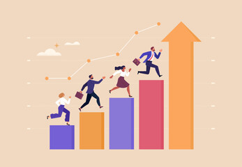 Business Success Concept. Vector cartoon illustration of a group of diverse people in business suits running up a rising graph. Isolated on background
