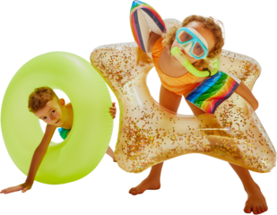 Little children, boy and girl in swimwear and diving masks have fun with pool floats ready to swim against transparent background. Concept of hot summer holidays, vacation, camps, recreation.