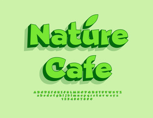 Vector Green poster Green Cafe. Bright Isometric Font. Set of Fashion Alphabet Letters and Numbers.