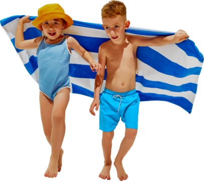 Little children, excited boy and girl in swimwear running with towel as they run from water on beach against transparent background. Concept of hot summer holidays, vacation, camps, recreation.