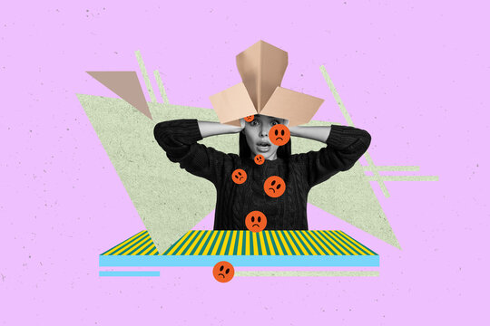 Creative 3d trendy photo collage of upset girl guy wear carton box bad emoji smiley bullying pressure anger hate stereotype