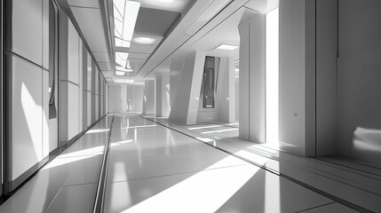 Obraz premium Sleek futuristic corridor, bright sunlight, clean design
