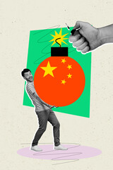 Trend artwork template design 3D collage sketch of young man smile hand hold bomb china geo...