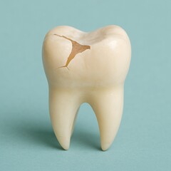 A realistic model of a human molar tooth with a visible crack on its surface is displayed against a clean blue background. The image highlights dental damage and oral health concerns.