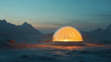 Fototapeta premium Illuminated geodesic dome rests in desolate landscape
