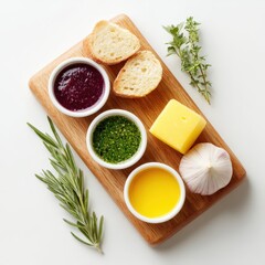 Colorful Mediterranean food platter beautifully arranged with fresh herbs and vegetables, top-down view