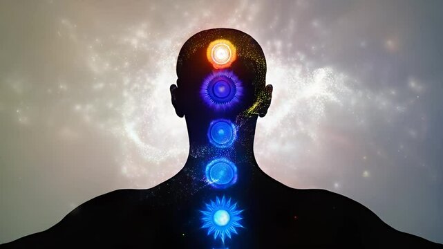 "Abstract animation of glowing chakra energy flowing through the silhouette of a meditating person seen from behind, aligned chakra points glowing in rainbow colors, gentle pulsing light