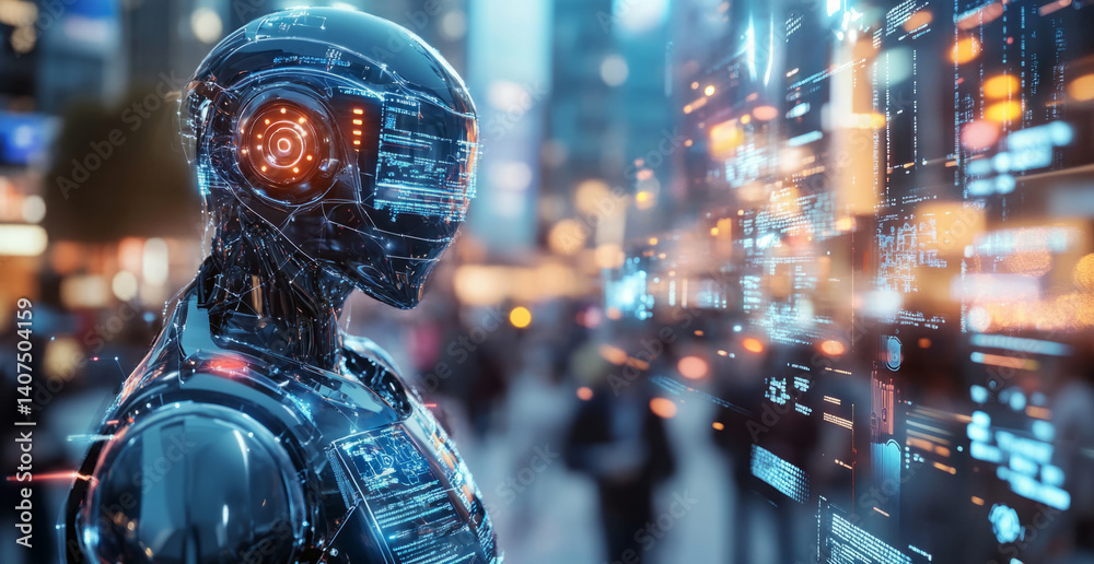 Poster a synthetic robot stands in a bustling urban environment, illuminated by vibrant lights and screens.