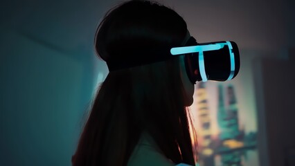 Female user wearing advanced virtual reality headset navigating futuristic cityscape with flying vehicles, experiencing immersive digital world during vibrant sunset scenery