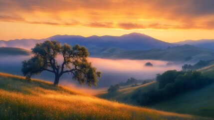 Obraz premium Lone tree standing on a hill at sunset with fog covering the valley