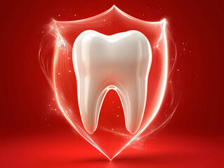 A high-quality 3D rendering of a shiny white tooth enveloped in a glowing, translucent energy shield on a vibrant red background. The light effects emphasize dental protection, health, and cleanliness