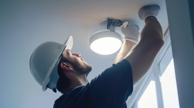 Construction worker fixing a light fixture to the ceiling. Featuring detail and safety