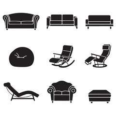 Furniture and transport icon set with various vehicles and symbols