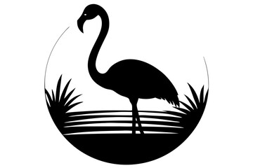 Fototapeta premium Elegant Flamingo Silhouette On Water With Lush Vegetation Black And White Minimalist Design Concept For Creative Projects, flamingo, silhouette, bird, water, black, white, vector, tropical