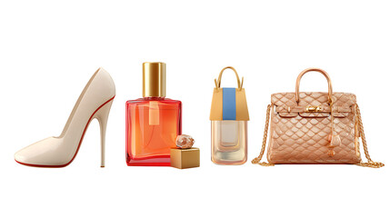 Luxury shopping items like perfume, shoes, and bags isolated on transparent background --ar 16:9 --v 7.0