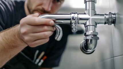 Plumber connecting drain pipes in a new bathroom at a construction site. Featuring precision and skill