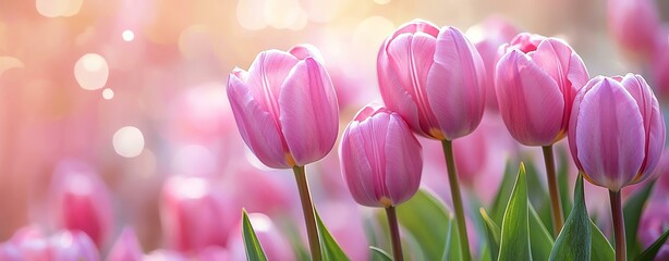 Fototapeta premium Beautiful pink tulips in a serene garden, capturing the essence of spring and nature's vibrant colors.