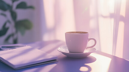 Fototapeta premium Cozy morning coffee scene with notepad and soft sunlight