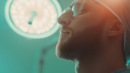 Medical professional prepares for surgery in a modern operating room environment with advanced lighting
