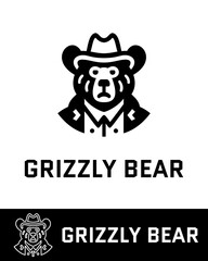 A bold and creative logo featuring a grizzly bear dressed in a cowboy outfit with a hat and suit in black and white