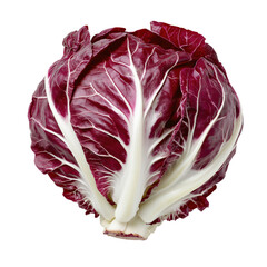 Obraz premium Whole fresh radicchio cabbage with deep purple leaves and white veins, isolated on transparent background for food or diet themes.