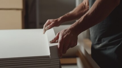 Obraz premium Construction worker handling drywall sheets for installation. Featuring organization and care